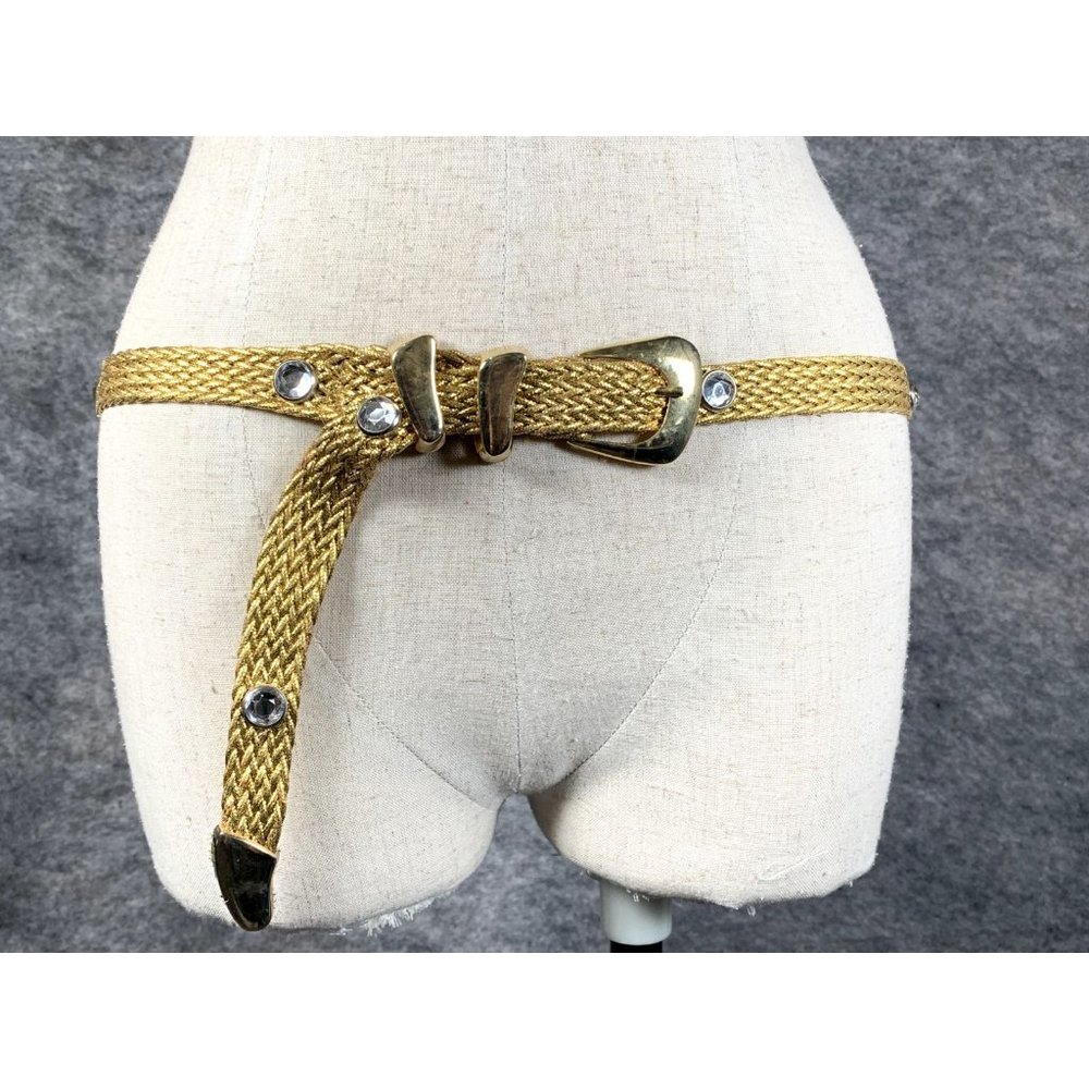 Vintage Statement Belt‎ Womens Gold Tone Braided Metallic Rhinestone 90s Hips